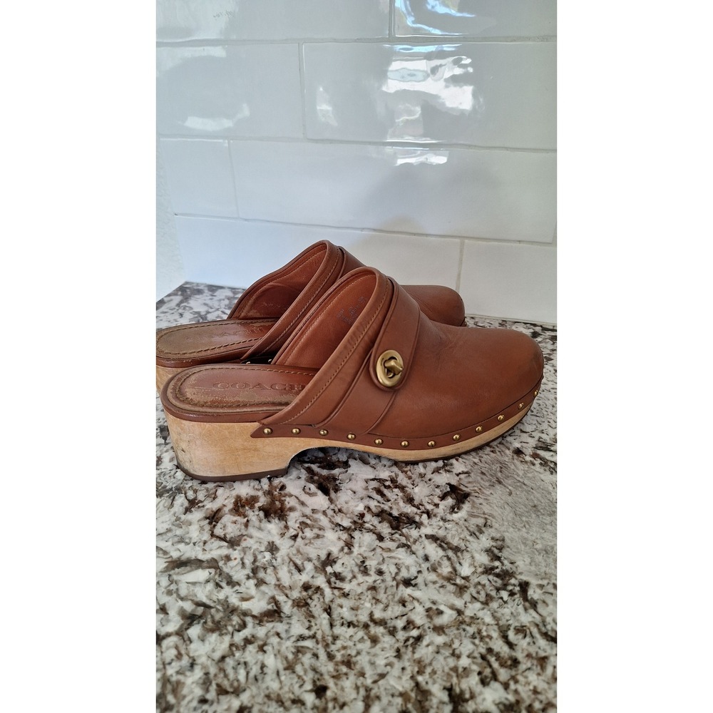 Coach brown studded Leather heel clogs women's 7B‎ - Picture 2 of 9